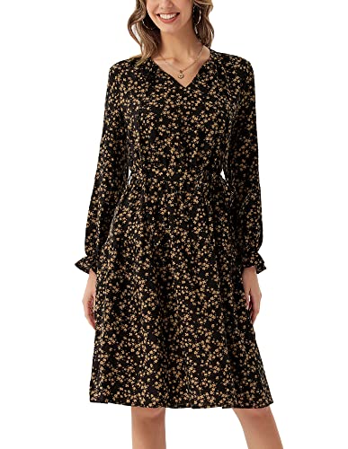 GRACE KARIN Damen Langarm V-Ausschnitt Kleid Blumenmuster Bindegürtel...