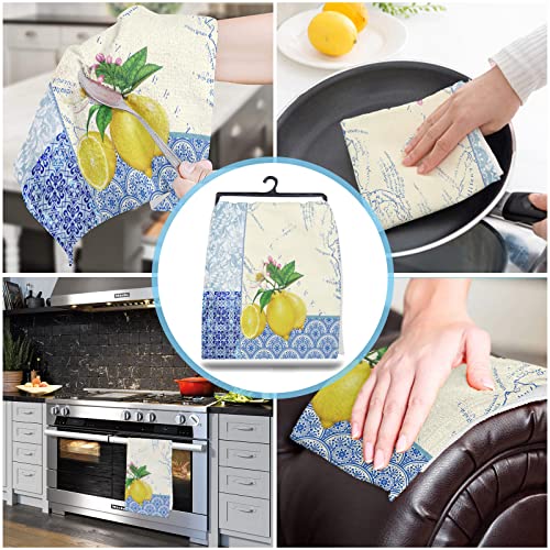 Beisseid Lemon Kitchen Towels Set Of 2 Flower Dish Towels Dishcloth Fingertip Hand Towels Cloth Blue Porcelain Retro Soft Cotton Tea Toweld #TOP4