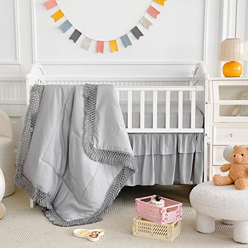 Image of Tassels Crib Bedding Set 3 Pieces Baby Tassels Quilted Comforter with Fitted Sheet and Bed Skirt - Cute Tassels Chic Baby Bedding Soft Blanket Design Gray
