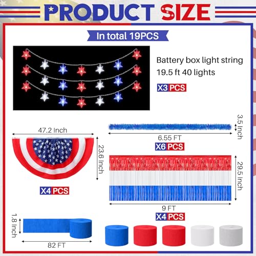 Image of Crowye 250th 4th of July Parade Float Glow in The Dark Decoration Set Memorial Day Metallic Foil Fringe Curtains Patriotic Banner Red White Blue Crepe Paper Streamer Star Shape String Light for Party