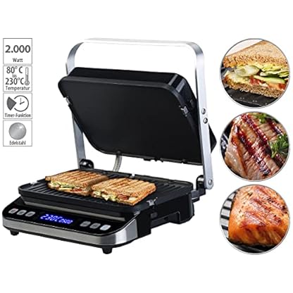 Rosenstein & Söhne Sandwichtoaster: Digitaler Panini-, Sandwich- & Kontaktgrill, Timer & Memory, 2.000 W (Griller, Plattengrill, Grillspiesse) – Bild 4