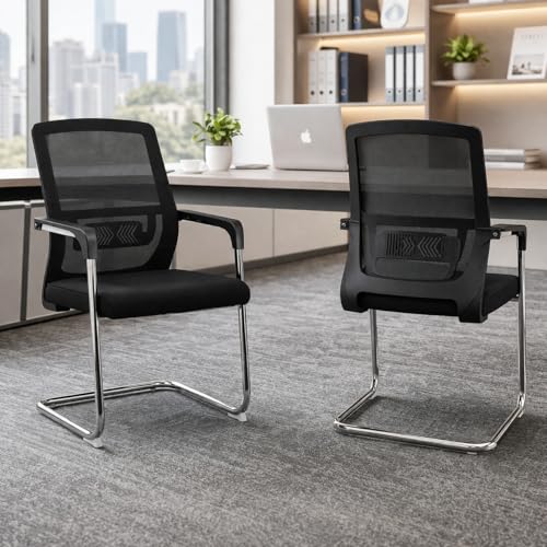 Image of Laddoo Ergonomic Mesh Visitor Chair, Black, Cushioned Seat with Lumbar Support, Chrome Metal Sled Base, Set of 2, Conference & Reception (Black) (Need Installation)