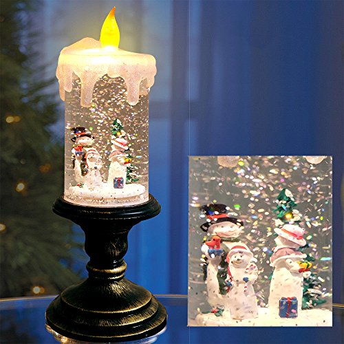 Image of Eldnacele Battery Operated Lighted Flameless Candles Christmas Snow Globe Candle Light Swirling Water Glittering Spinning Candles for Home Decoration(Snowmen Family)