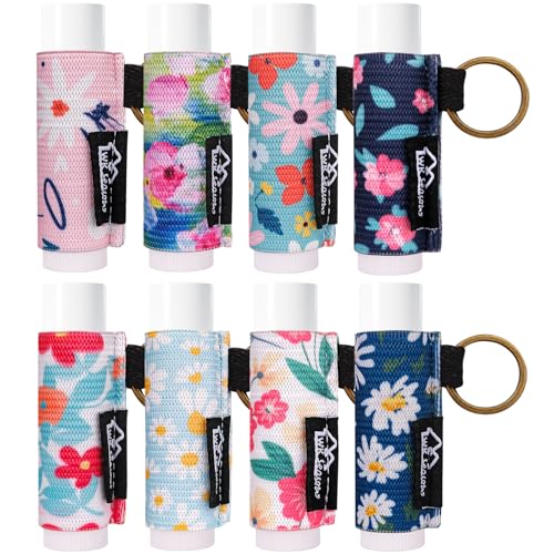 Image of WK IEASON 8PCS Lip Balm & Gloss Keychain Holder - Elastic Sleeve for Fat & Slim Lip Balms & Gloss (8pcs Floral C)