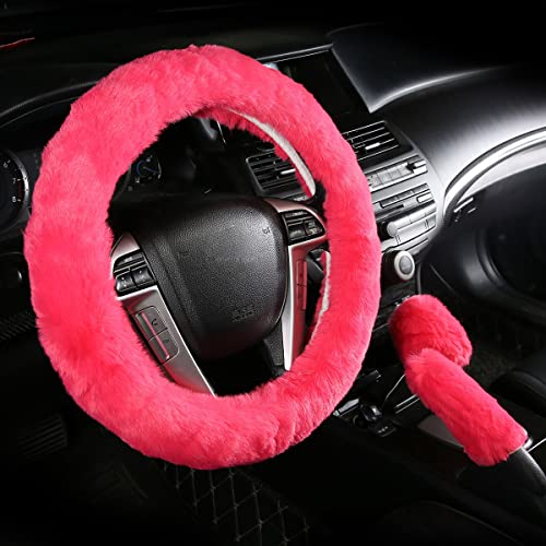 Car Steering Wheel Cover with Handbrake Cover & Gear Shift Cover CXTIY Fashion Steering Wheel Wrap Faux Wool Fluffy Soft and Warm in Winter Diameter 14.96