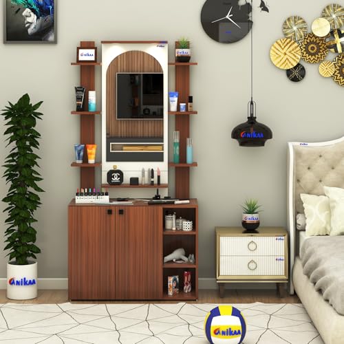 Image of Anikaa Venza Engineered Wood Dressing Table with Wall Mounted Mirror & LED Lights Open Shelf | Makeup Vanity Storage Cabinet with Soft Closed Hinge Door for Bedroom -(Walnut /White) DIY Installation