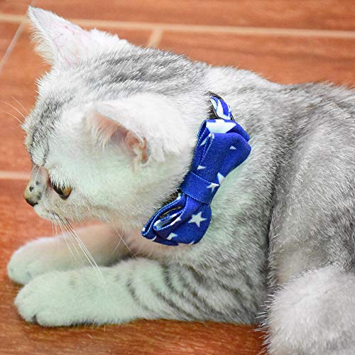 Image of Bow Tie Kitten Collar with Bell and Accessories, Printing Breakaway Cat Collar for Kitty 10 Colors Adjustable 7.5-11in (Blue Star)