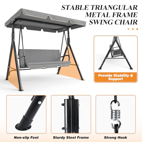 Image of GARTOO 3-Seat Patio Swing Chair, Outdoor Porch Swing with Adjustable Canopy and Durable Steel Frame for Patio, Garden, Poolside(Grey)