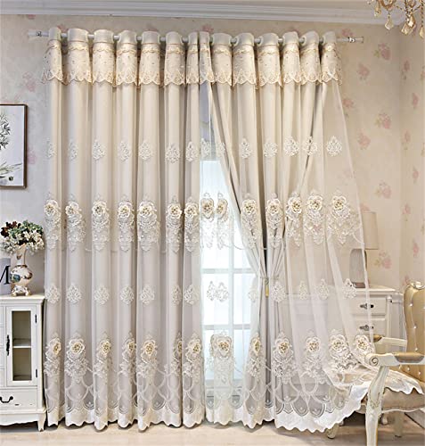 JESSANS Luxury European Curtains for Bedroom Elegant Thermal Insulated Grommet Top Double Living Room Doors Blackout Curtain and Lace Double Layer Flower Embroidered Tulle Sheer(Beige，54 * 108in)
