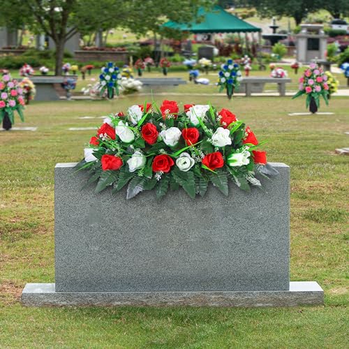 LVXINLI Artificial Cemetery Flower-Outdoor Grave Saddle Headstone Decorations,Red and White Rose Memorial Day Flowers for gravesite (Red and White)… image 6