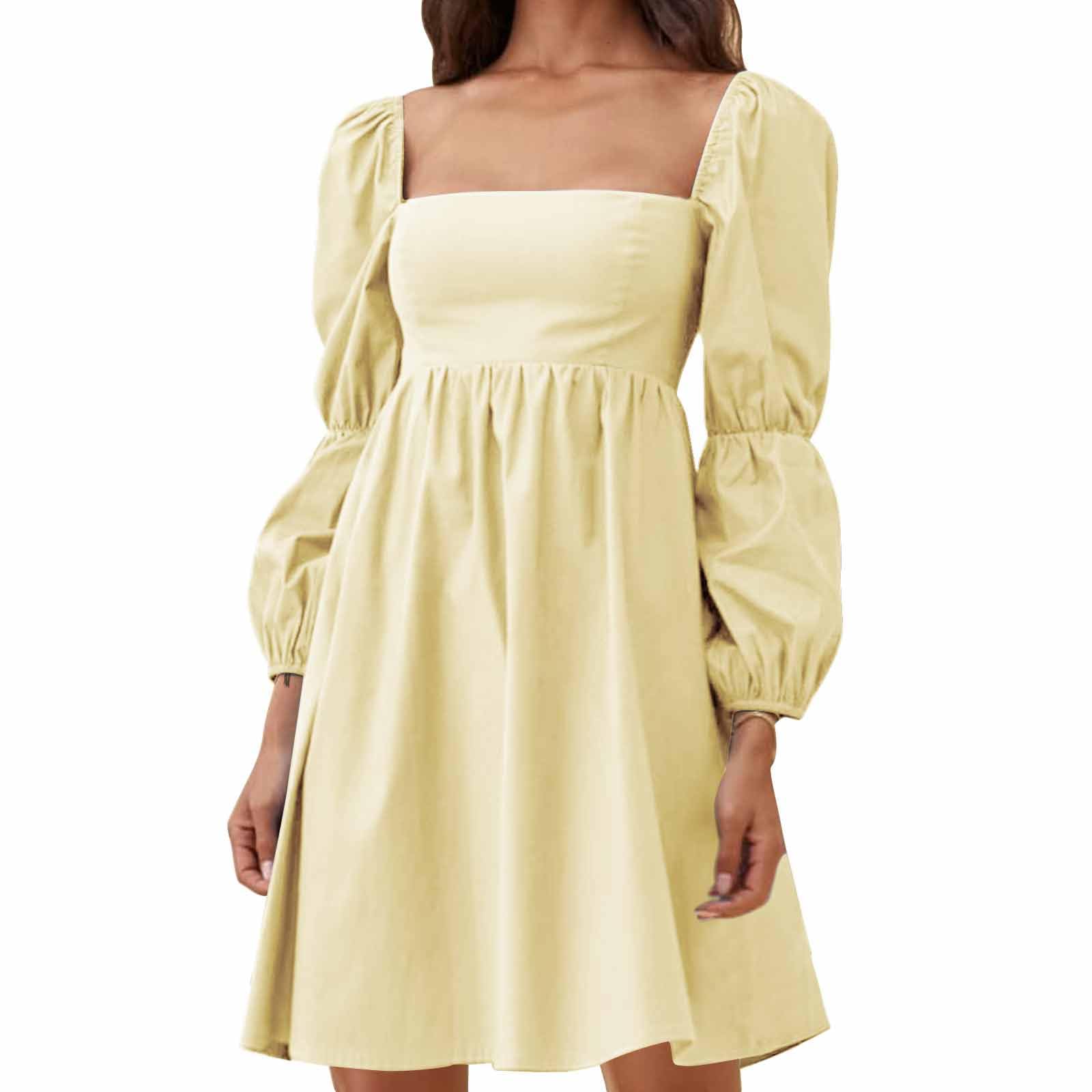 EXLURA Womens 2025 Square Neck Dress Long Puff Sleeve A-Line Casual Short Mini Dresses