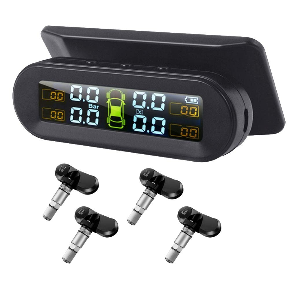 Sistema de monitoreo de presión de neumáticos para automóviles Medidor de presión de neumáticos Solar - 4 sensores externos Pantalla LCD para RV, MPV, SUV, sedán, Negro, sensores internos