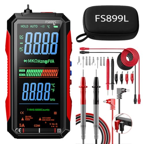 2026 Digital Multimeter with Color Screen FS899L USB-C Rechargeable Smart Volt Meter Auto-Ranging 6000 Counts True AC DC Voltage Current Tester NCV Continuity Capacitance Test Leads Kit