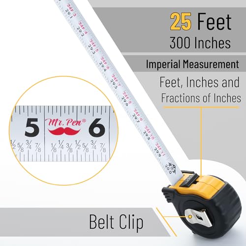 Image of Mr. Pen- Retractable Tape Measure 25 ft, 2 Pack, Yellow, Steel Retractable Measuring Tape with Fractions