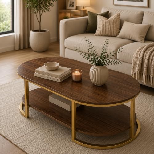 Image of Coffee Tables for Living Room Modern Coffee Table Oval Sofa Table Center Tables for Living Room 2 Tier Side Table Small Apartment Home Furniture Black Gold 2T (Gold Brown)