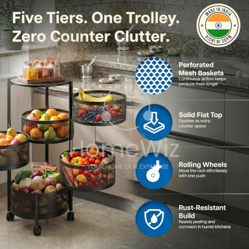 Image of HomeWiz Round Kitchen Rack 5- Layer | Lifetime Usage Heavy Duty Steel Trolley | Kitchen Storage | Onion Potato Rack for Kitchen | Multipurpose Storage Rack for Fruits & Vegetables | Rust-Free Forever