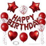 WEIKA 27 Pcs Red Birthday Decorations, 3D Foil Red Happy Birthday Balloon Banner, Pentagram Heart Foil Balloons Confetti Balloons Kit For Boys Girls Birthday Party Supplies
