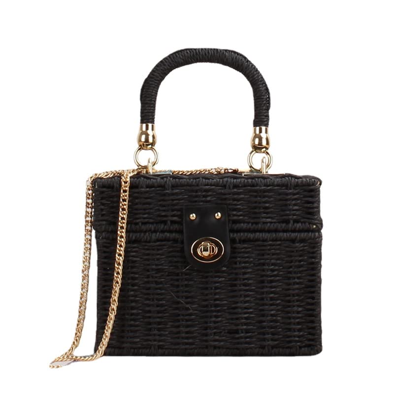 Sac de plage en paille fait à la main pour femme - Sac fourre-tout en rotin tressé - Sac de vacances bohème, noir