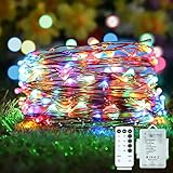 iluminacion terrazas guirnaldas 🌃 Luz SúPer Brillante☪️ Paquete de 2 luz exterior de alambre de cobre, cada una de 10 metros de largo con 100 bolas de luz súper brillante. Las guirnalda luces y la caja de la batería tienen una clasificación de impermeabilidad IP47. Las luces led exterior tienen 8 modos de iluminación y el brillo también se puede ajustar libremente. Incluso en las noches lluviosas, las guirnalda luces pueden brillar en su jardín, brindándole calidez y comodidad.