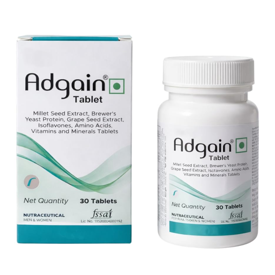 Image of Adgain Tablet for Hair Growth & Hair Fall Control | Biotin, Amino Acids, Grape Seed Extract & Multivitamins | Nutraceutical Supplement for Men & Women | 30 Tablets