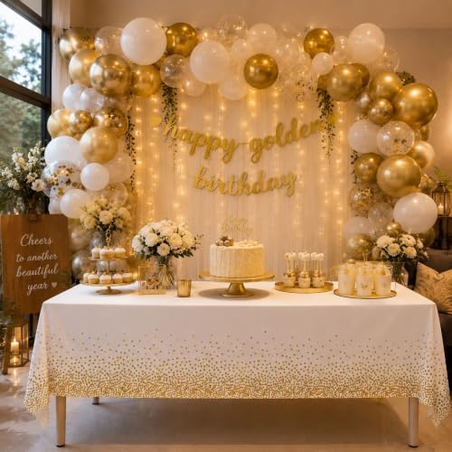 Image of Blue Orchards White and Gold Dots Table Cover (Pack of 3 with 20 glue dots) - 54 inchx108 inch XL - Disposable Bridal Shower Tablecloth, Wedding, Graduation Decoration, Picnic & Golden Birthday Party Supplies