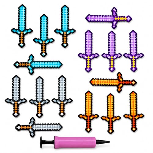 16 PCS Inflatable Pixel Sword Party Favors with Hand Pump 24.8 Inch Blow Up Gamer Swords for Kids Minecraft Theme Birthday Party Supplies Classroom Rewards Pool Toys Halloween Costume Accessories