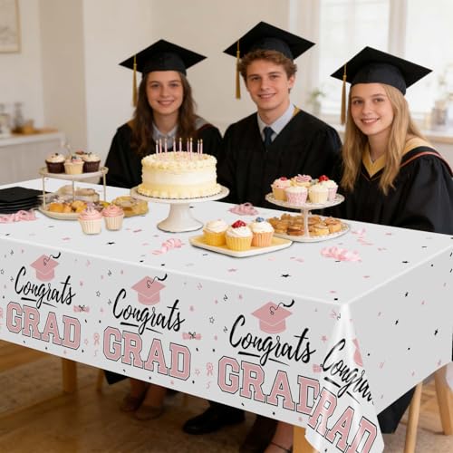 Image of Oigco 2 Pack Pink Graduation Tablecloths, Graduation Decorations Class of 2026, Congrats Grad Plastic Table Cloths for Graduation Party Decorations, 54 x 108 Inch