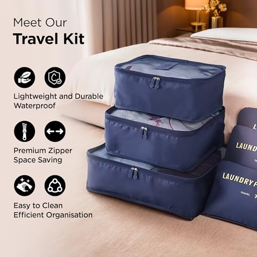 Image of UMAI 6-piece Vacuum-Compressed Travel Organizer + Pouch Packing Cubes |Cosmetics /Laundry /Socks /Shoes Organizer Pouch| Waterproof, Lightweight, Foldable Storage Bag | Navy