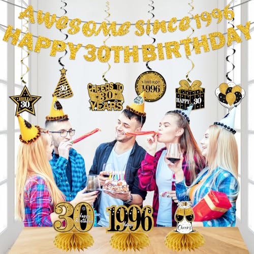 Image of Kuxriox 11Pcs 30th Birthday Decorations Kit for Men Women, Black Gold Happy 30th Birthday Banner, Awesome Since 1996 Centerpieces Swirls Party Supplies, Thirty Bday Banner Ceiling Table Topper Sign