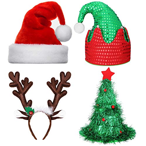 BBTO 4 Pack Christmas Hats and Antler Headband Set Includes Santa Hat Xmas Tree Hat Christmas Elf Hat and Reindeer Headbands for Christmas Holiday Party Christmas Photo Booth Props DIY Kit