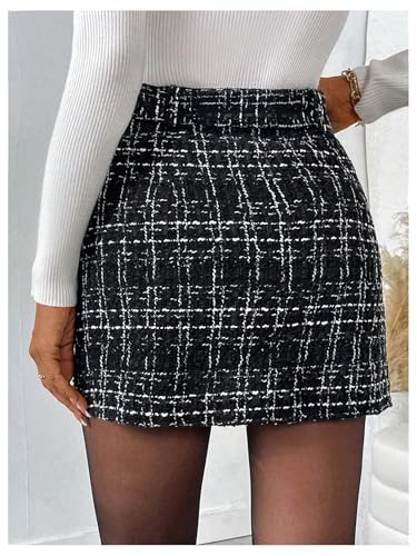 Milumia Women's Plaid High Waist Straight Skirt Tweed Belted Elegant Mini Skirts2