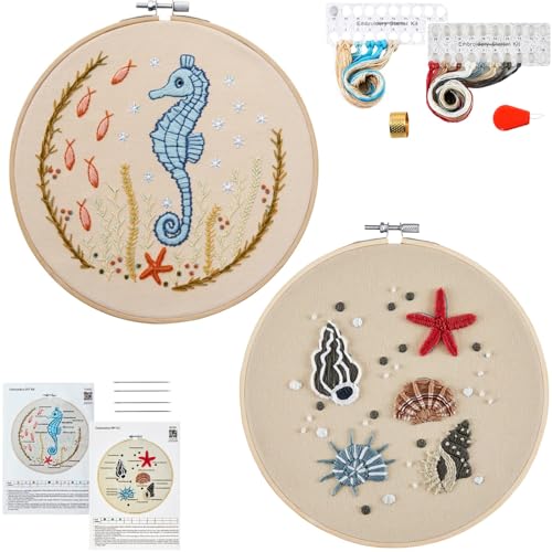 Image of Beach Embroidery Kits for Beginners Adults, Coastal Hand Embroidery Set Needlepoint Kits, Stamped Cross Stitch Kits for Beginners Adults, 2 Embroidery Hoops, Fabric, Thread (Attached Video Tutorial)