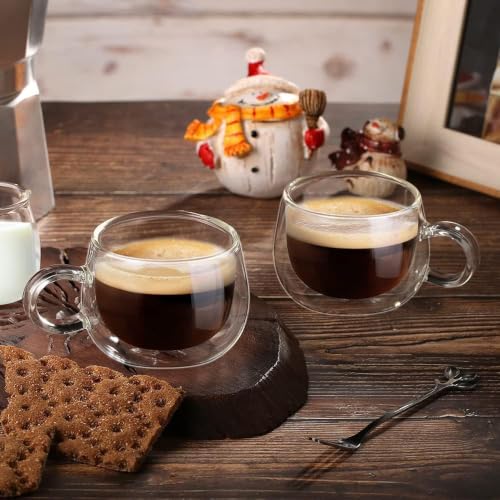Image of Double Wall Glass Coffee Cups Set of 2, 250 ml Clear Large Insulated Coffee Mugs with Handles, Glass Cups for Tea, Milk, Espresso, Cappuccino, Latte & Hot Beverages