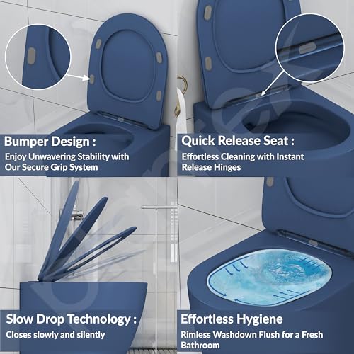 Image of Plantex Imported Ceramic Wall Hung Commode /Rimless Washdown Western Toilet /Commode with Soft Close Toilet Seat - P Trap (Round- Dark Blue)