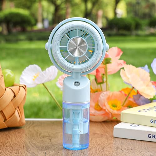 Image of TechPride Mini Portable Handheld Mist Fan, USB Rechargeable, 1200mAh Battery, 3 Speed Modes, Transparent Water Tank (Blue)