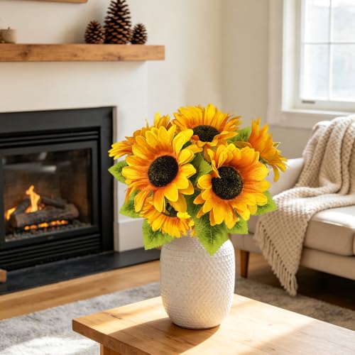 Image of 6PCS Sunflower Fall Artificial,Fake Silk Yellow Fall Sunflower Arrangement | 13.8 inch Autumn Artificial Flowers for Fall Home Decor, Baby Shower, Wedding Decor and Cemetery Flowers Decor
