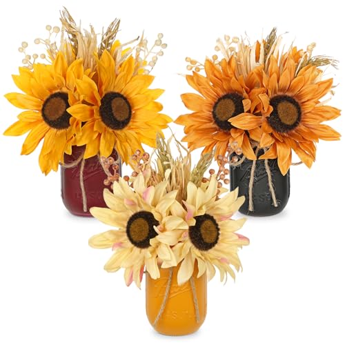 Fall Sunflower Mason Jar Centerpiece – Artificial Autumn Flowers ...