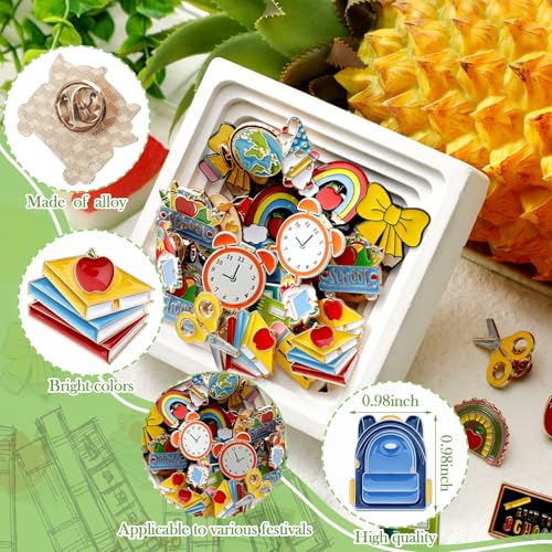 Hoteam 60 Pcs Welcome Back to School Enamel Pins Gift Bulk for Teacher Student First Day of School Lapel Pin Pencil Apple Bus Brooches Gifts for Backpack Clothes Hat Classroom Party Favors Accessories3