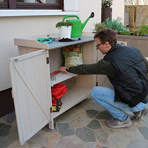 HABAU Gartenschrank Lino mit integriertem Pflanztisch, wetterfest lasiert aus zertifiziertem Holz, 98 x 48 x 95 cm, ideal für Garten, Terrasse und Balkon