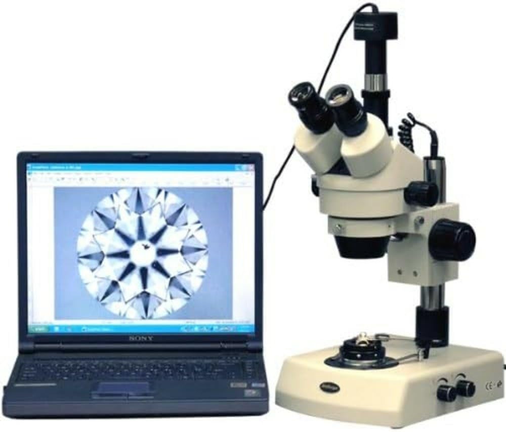 - AmScope SM-2TZ-DK-10M Digital Professional Trinocular Stereo Zoom Microscope, WH10x Eyepieces, 3.5X-90X Magnification, 0.7X-4.5X Zoom Objective, Upper and Lower Halogen Lighting, Pillar Stand, 110V-120V, Includes Darkfield Condenser, 0.5X and 2.0X Barlow Lenses, and 10MP Camera with Reduction Lens and Software