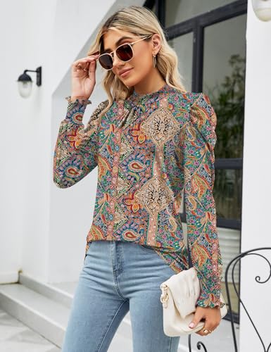 Image of LUYAA Puff Long Sleeve Shirts for Women Tops Dressy Casual Frill Mock Neck Smocked Cuffs Blouses