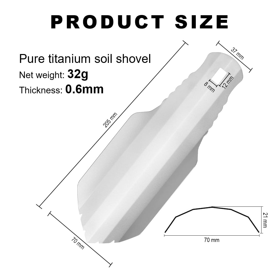 Pala Ultraligera de Titanio, Pala de jardín pequeña para jardinería, Camping y Senderismo, Solo 38 g, con Bolsa de Almacenamiento.