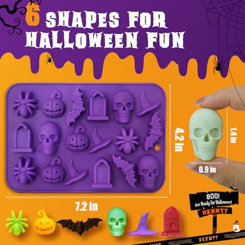 Image of Halloween Molds Silicone for Chocolate 2 Pack, 3D Halloween Chocolate Candy Gummy Mold Skull Pumpkin Bat Ghost Witch Hat Spider tombstone Shapes Mold