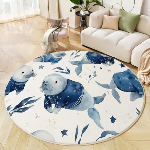 Alfombra Redonda Acuarela Animales, Alfombra Azul Marino Pelo Corto Suave, Alfombras Estampado Focas Hojas Estrellas Antideslizante fácil de cuidar, para Dormitorio Salón Cocina Halls 120cm