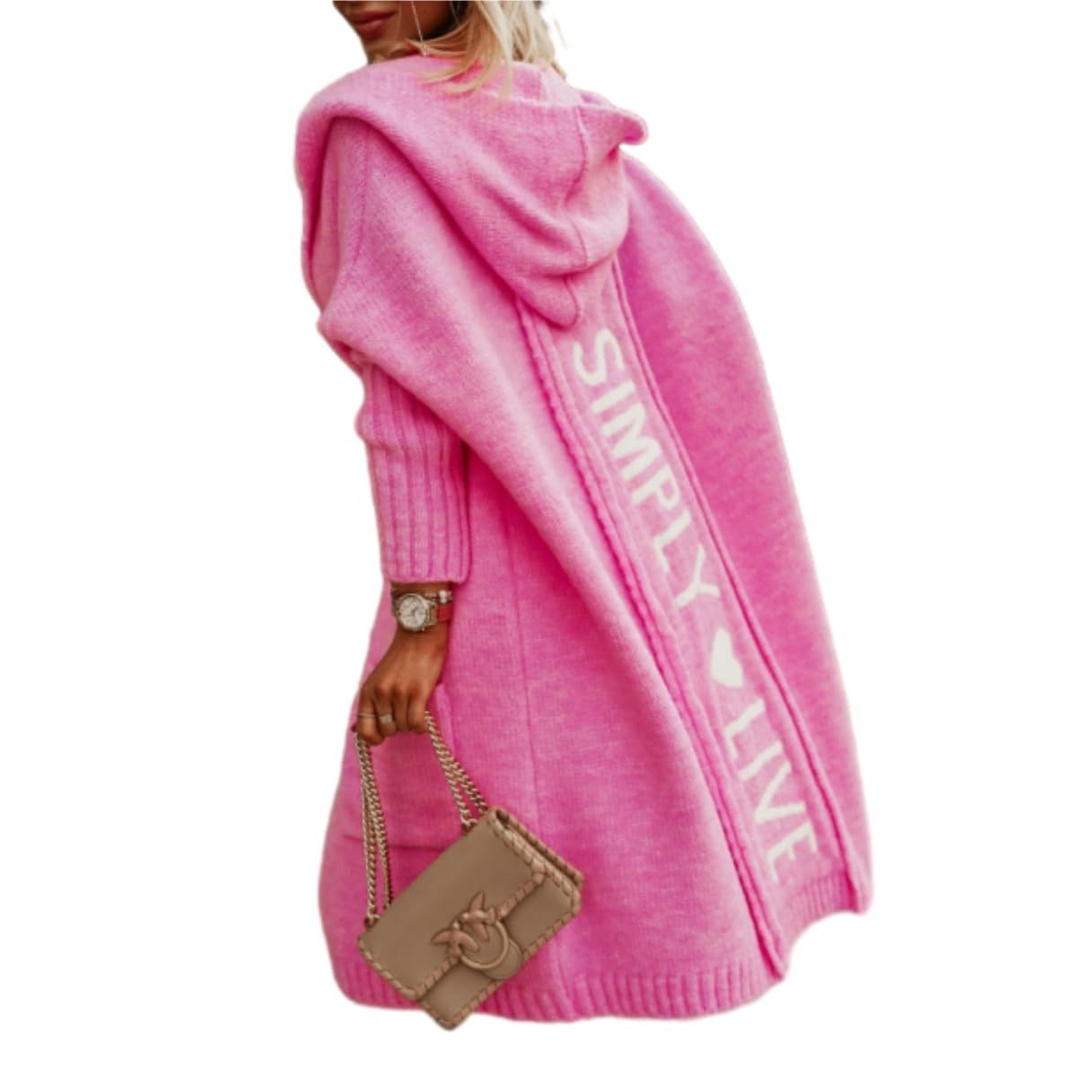 Womens Oversized Hooded Knit Cardigan Long Open Front Sweater with Pockets Simply Live Print Cozy Fall Winter Knitwear