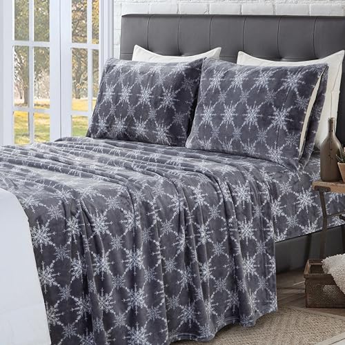 Elegant Comfort Luxuriously Soft 4-Piece Holiday Velvet Plush Flannel Sheet Set - Premium Quality - Cozy Warm, Christmas Fuzzy Velvet Flannel Fleece Deep Pocket Sheet Set - Twin XL, Gray Snowflake