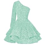 RSOETOO Tiered Homecoming Dress Sparkly Sequin Short Prom Dress for Teens 2025 One Shoulder Birthday Dress Sweet 16 US0 Mint Green