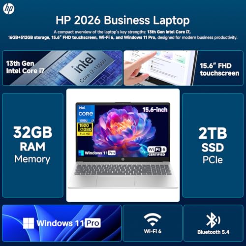 Image of HP 15.6 inch 2026 Touchscreen Laptop, Intel 13th Gen 10-Core i7-1355U(Up to 5.0GHz), 32 GB DDR4 RAM, 2 TB SSD, Intel Iris Xe Graphics, Copilot AI, Wi-Fi 6, Windows 11 Pro, for Business & Student