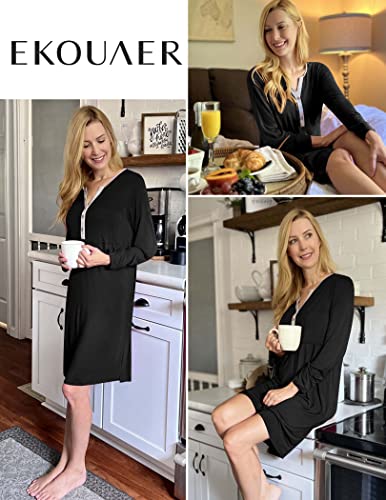 Ekouaer Women's Nightshirt Long Sleeve Button Down Nightgown V-Neck Sleepwear Casual Pajama Dress4
