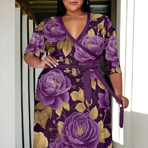 Image of SUZONANA Plus Size Maxi Dresses for Curcy Women Casual Loose 3 /4 Sleeve Long Dress with Belt